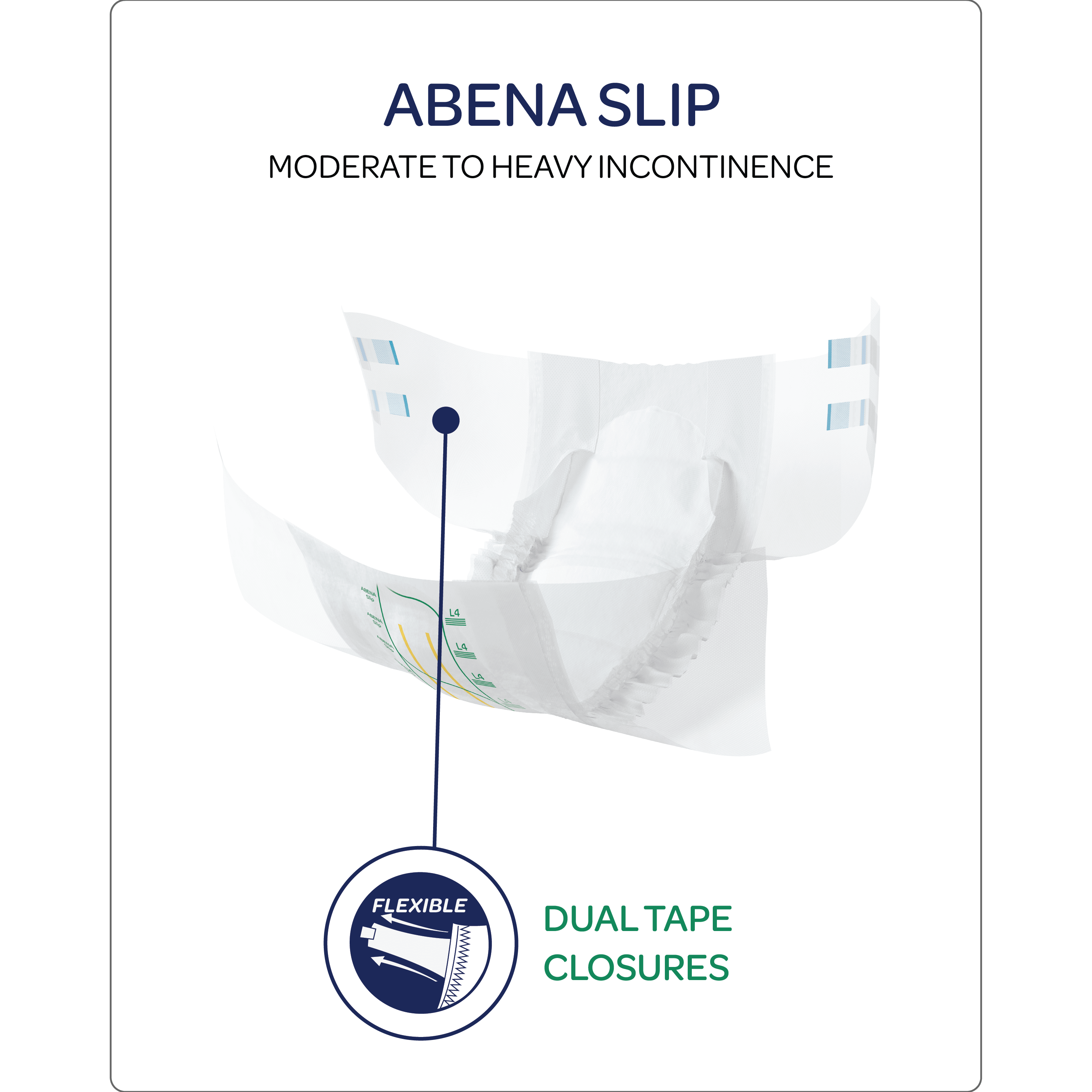 Close-up of Abena Slip dual tape closures system providing secure, flexible fastening